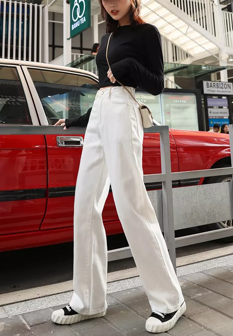 White high waisted loose straight denim trousers CA24032512