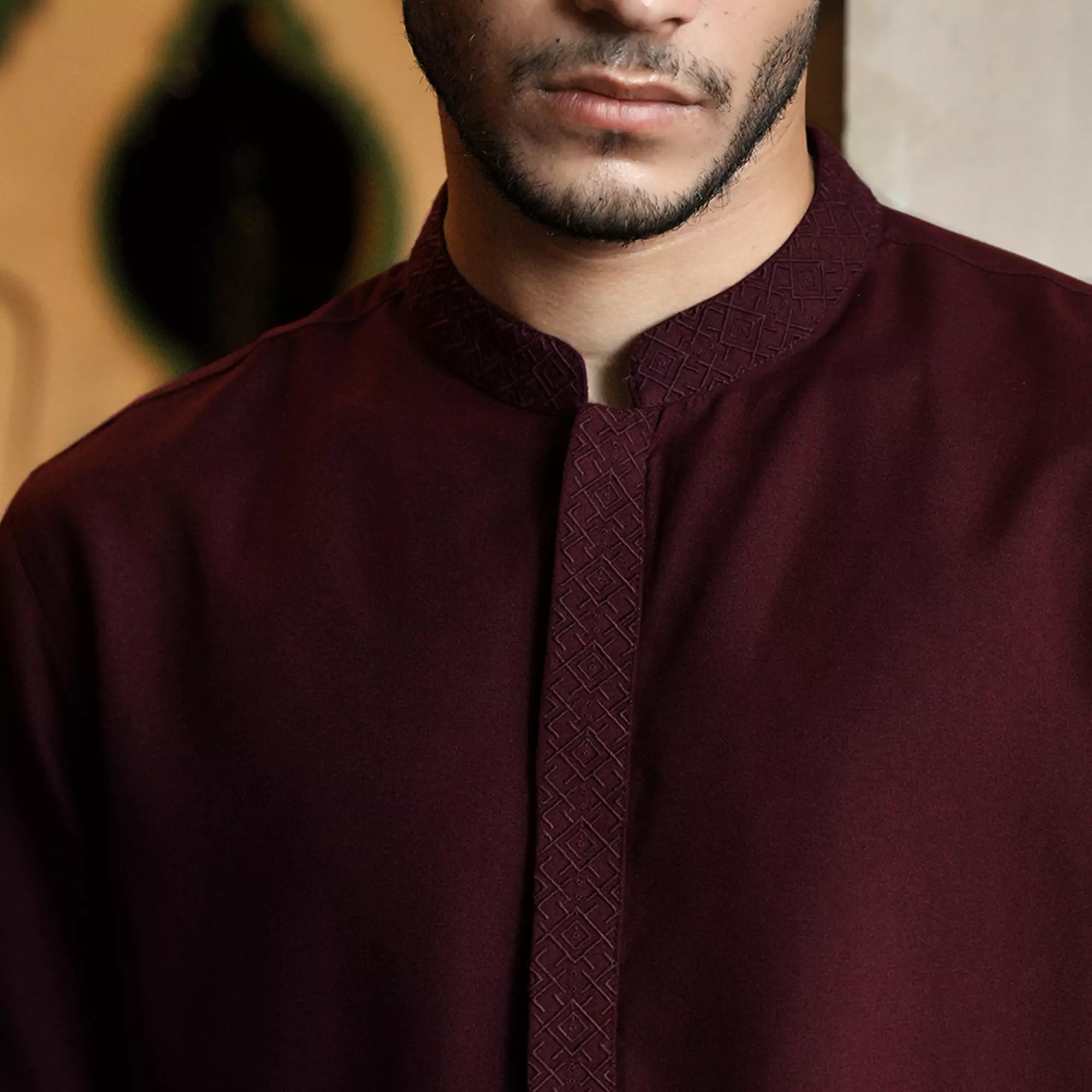 Kemeja Koko Bordir Azril Tangan Pendek Pria Muslim Maroon