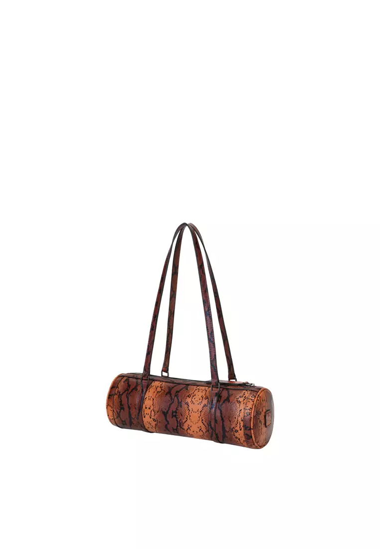 Barrel Baguette Bag - Snake Embossed Camel