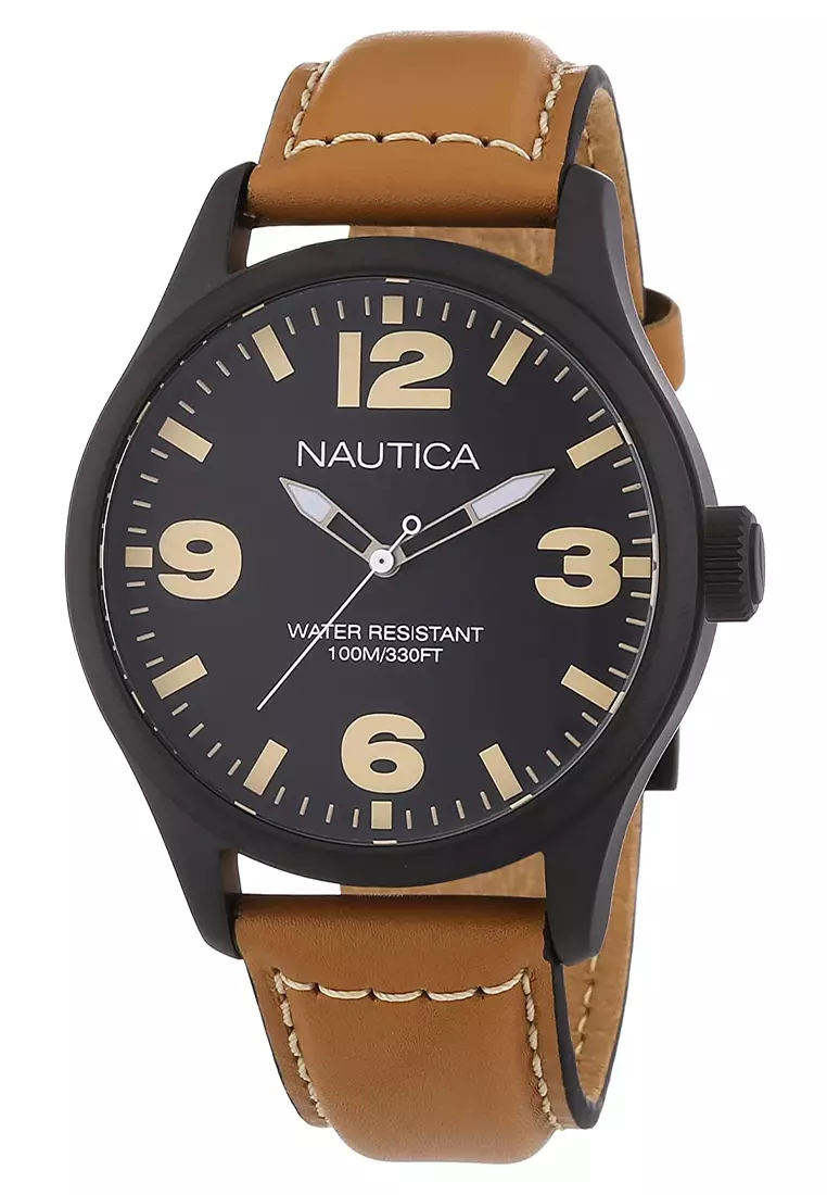 Nautica - Jam Tangan Pria - Black - Brown Leather Strap - A13614G