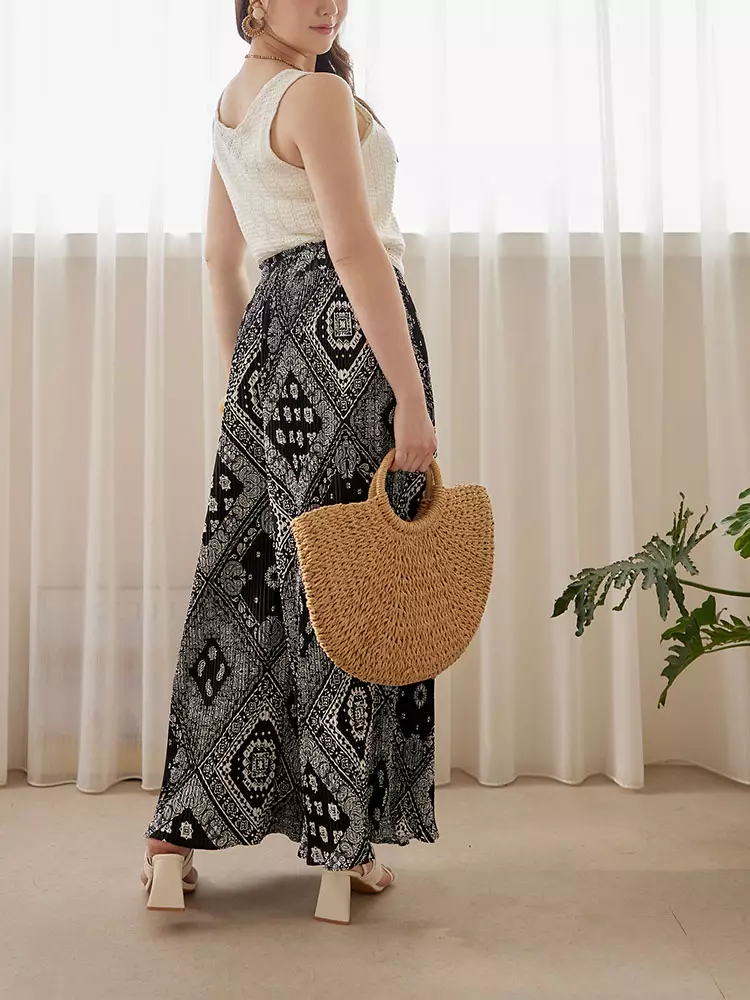 Printed pleated wide-leg pants with an elastic waistband [BA7530]