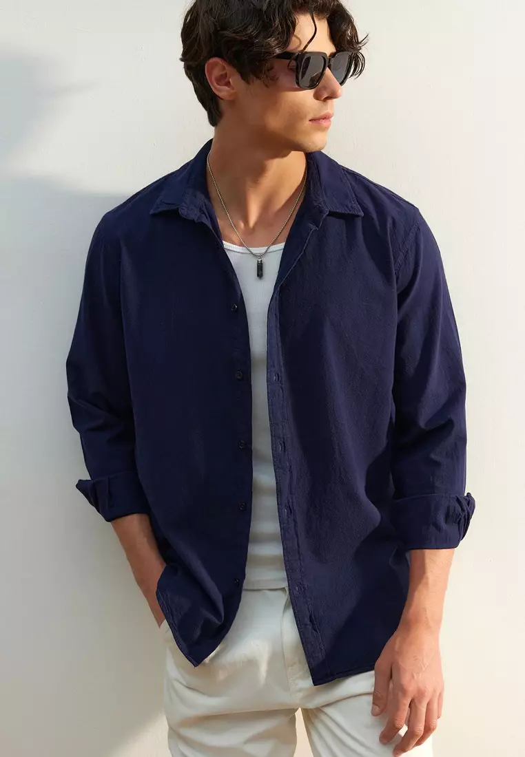 Navy Blue Unisex Regular Fit 100% Cotton Linen Look Shirt TMNSS23GO00099 TMNSS23GO00099