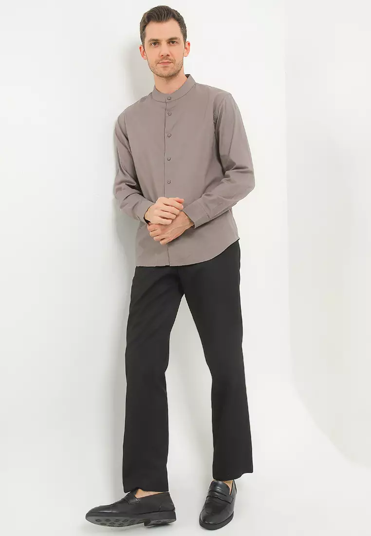Kemeja Lengan Panjang Mandarin Slim Fit - Grey