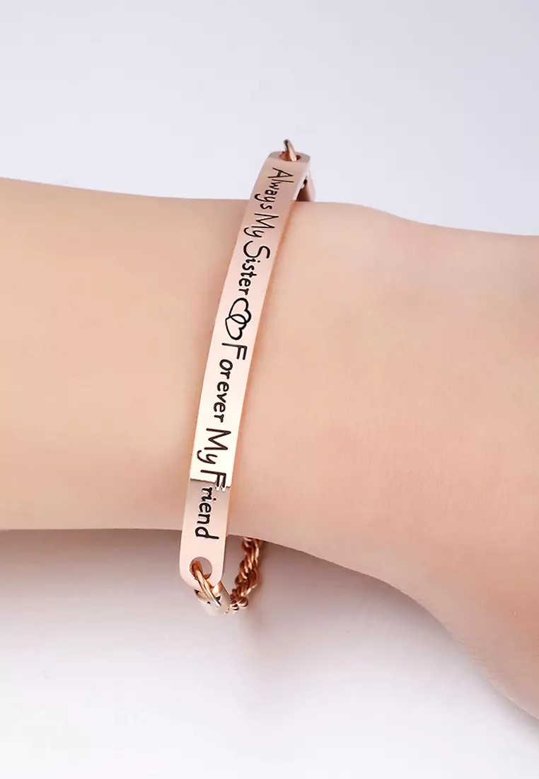Sisters Forever Inscriptions Rose Gold Bar Bracelet