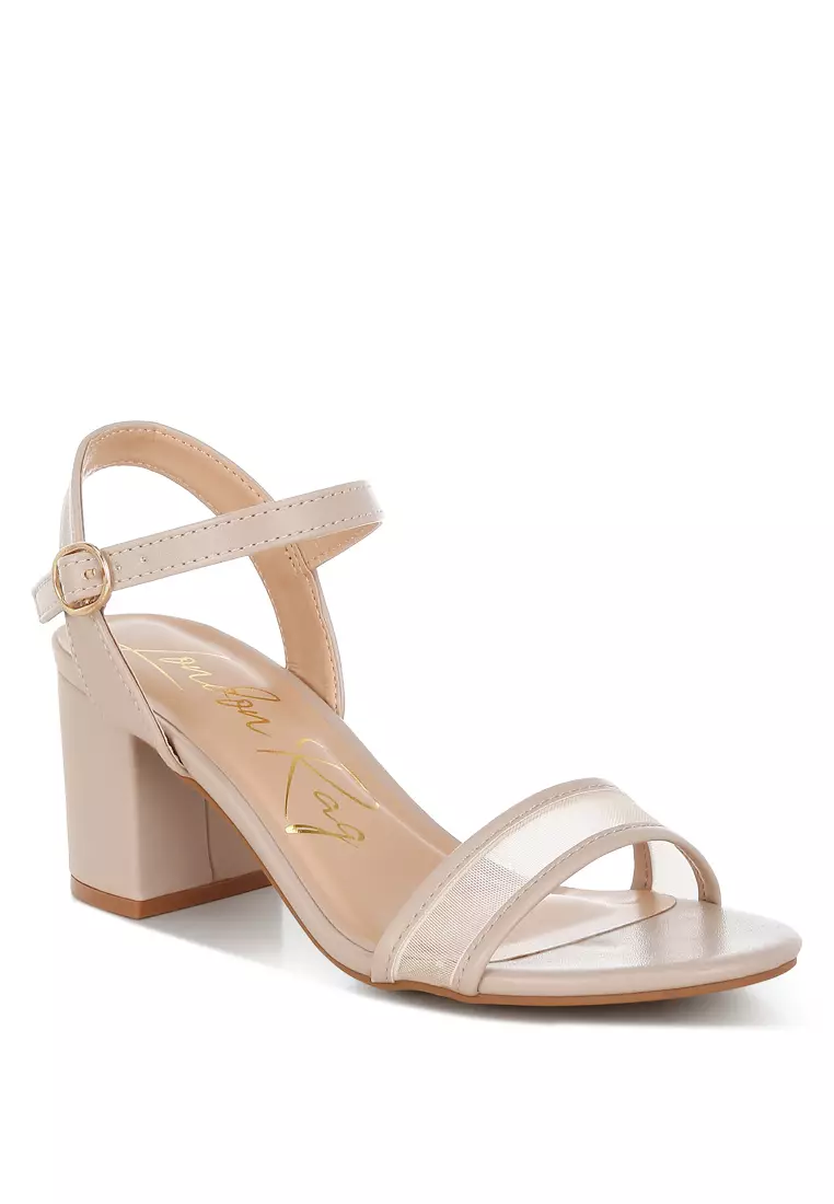 Mesh Pin Buckle Block Heels In Beige