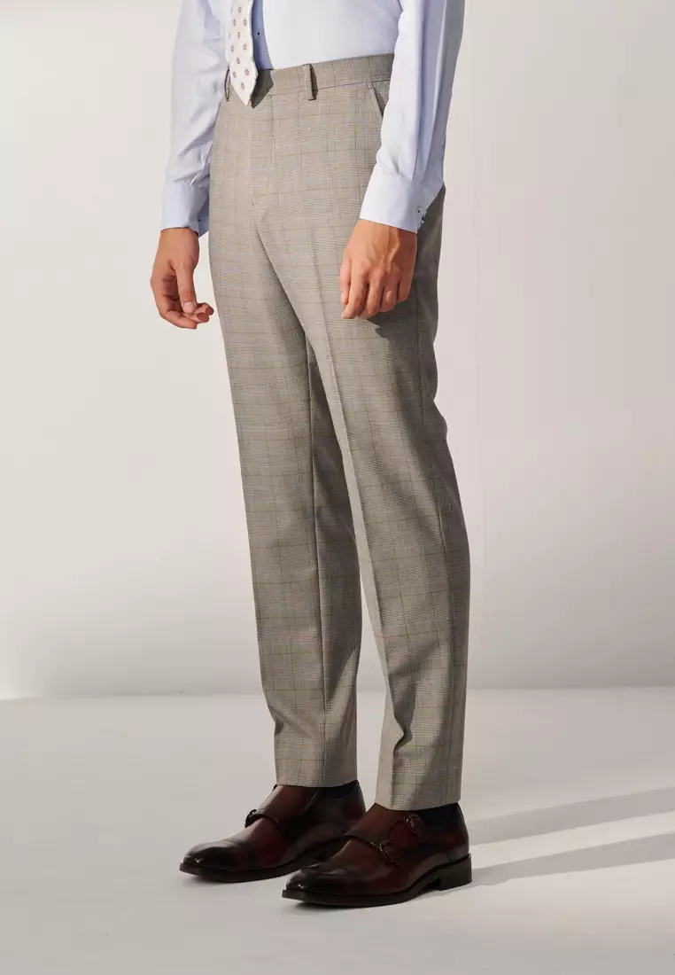 經典款淺灰威爾斯格紋修身西裝褲