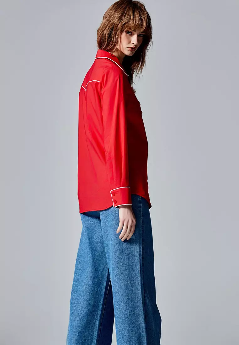 Red Blouse With Contrast White Trim Detail