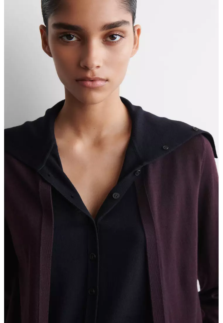 LAYERED MERINO WOOL HIGH-NECK CARDIGAN