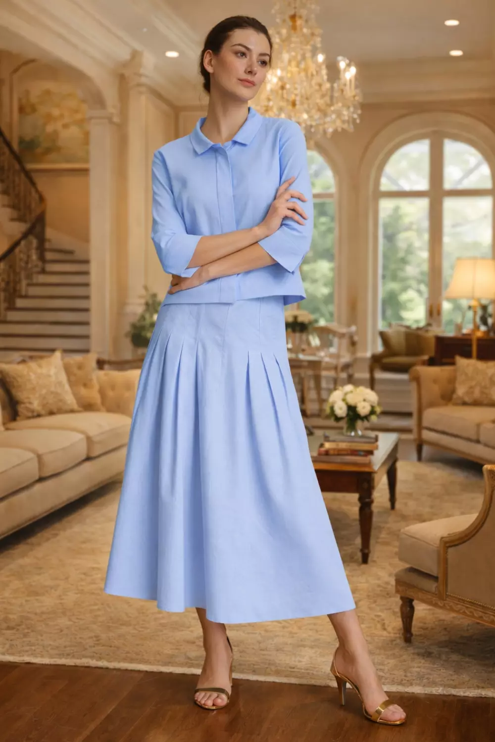 Demure Studio - Essentials Cropped Linen Pleated Skirt Blue (Only Skirt)