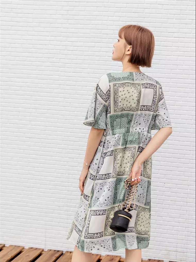 Printed waist tie long tunic dress [EA3353]