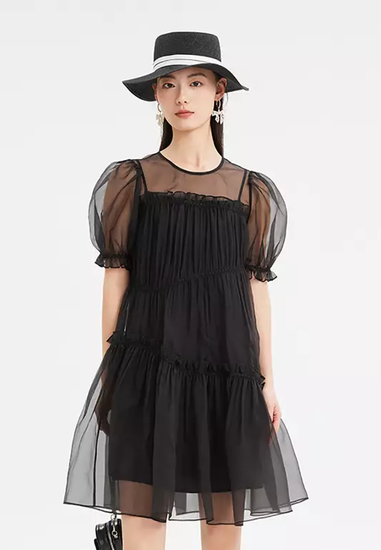 Irregular Tiered Mesh Ruffled Midi Dress