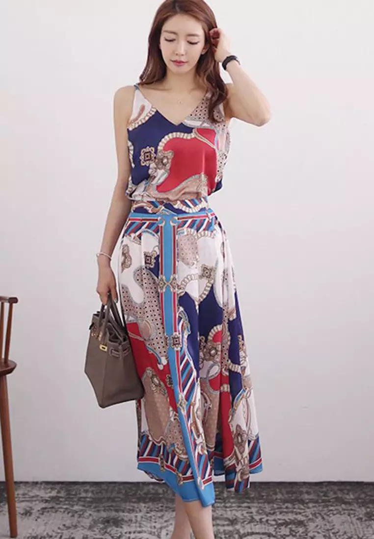 2024 S/S Korean new style sleeveless V-neck strap top fashion print pleated skirt suit CA23050408