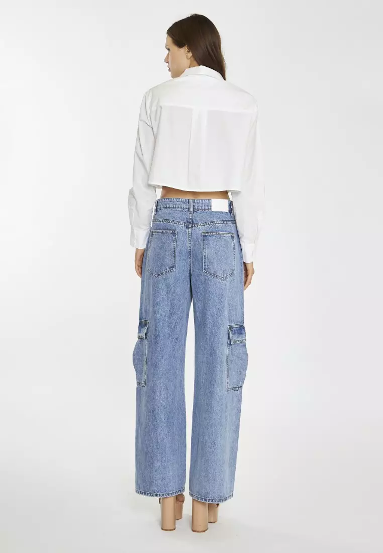 White Long Sleeve Collared Crop Shirt