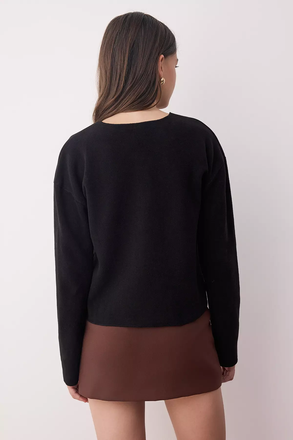 Black Soft Surface Buttoned Crew Neck Knitted Jacket