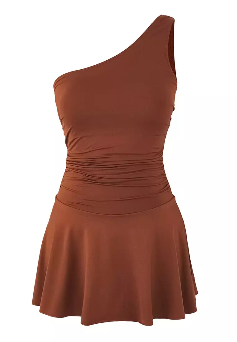 Brown One Shoulder Skirt Shorts Swimsuit