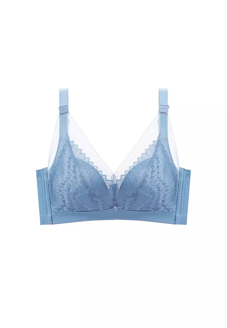 Buy ZITIQUE Women's Lace Non-wired Push Up Front Buckle Breast Feeding Bra  - Blue Online