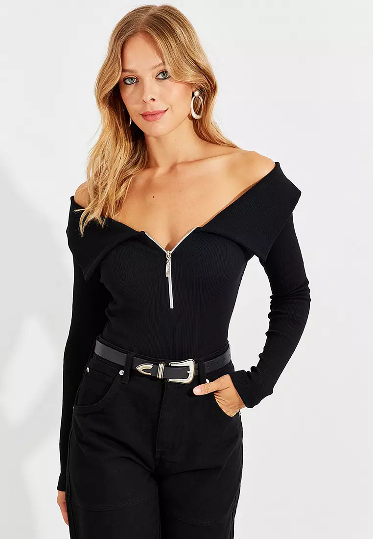 Zippered Madonna Collar Top