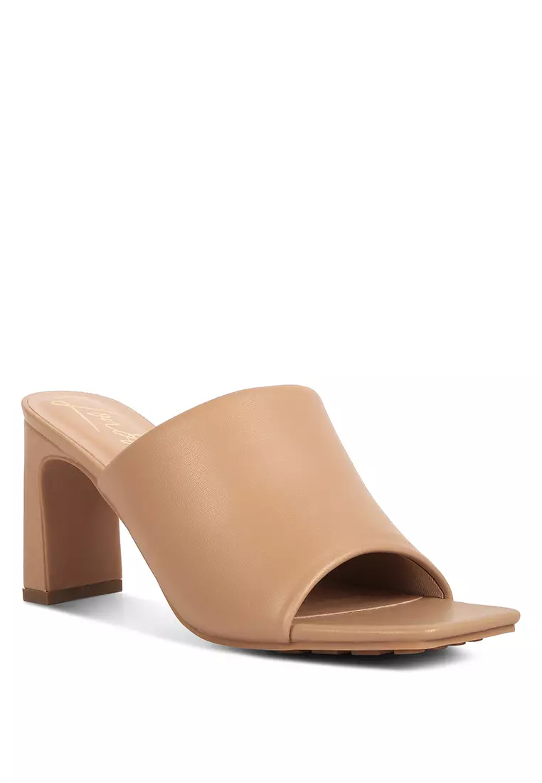 Camel Slip-On Mid Heel Sandals