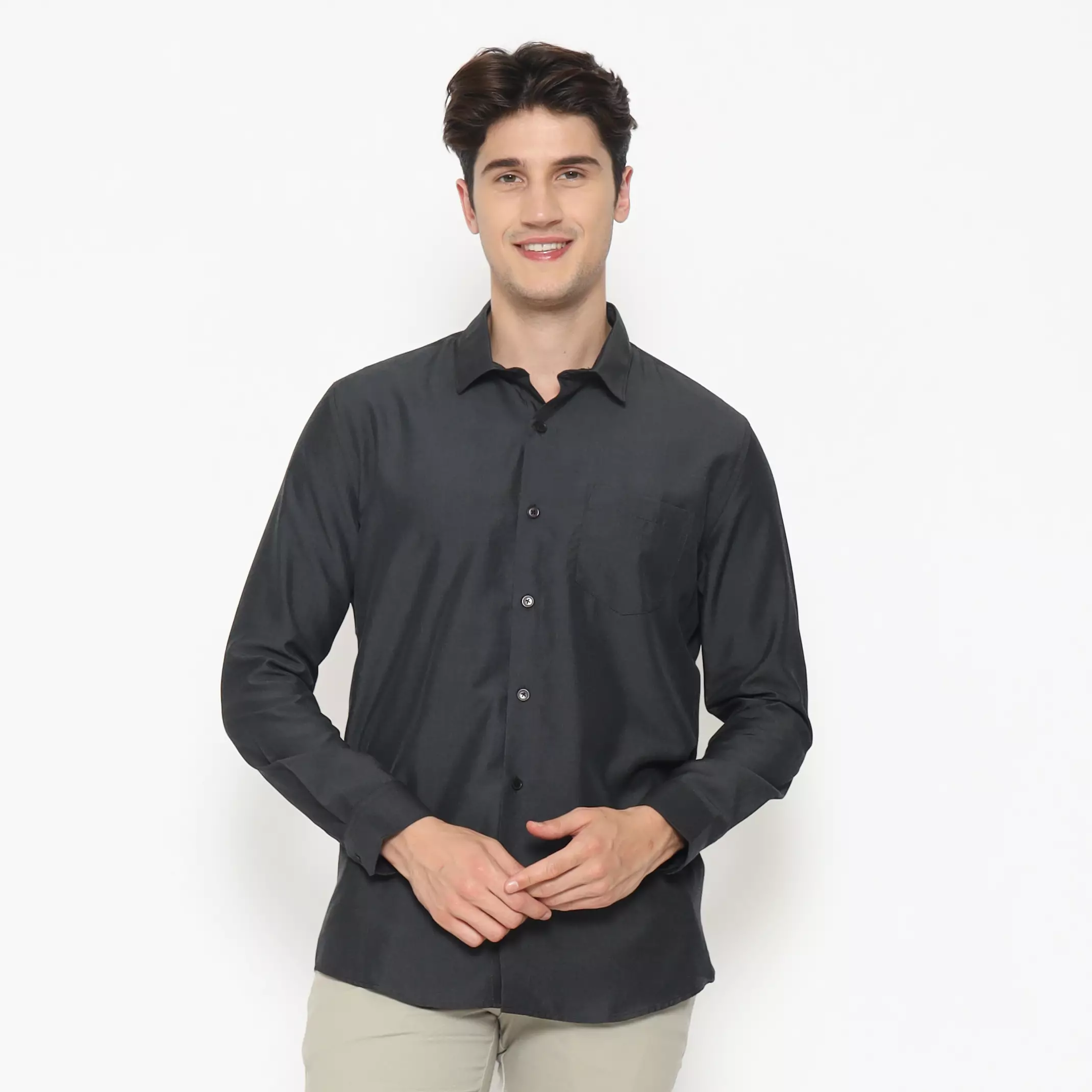 MAGINOT Kemeja Pria Basic Polos Panjang CHARCOAL