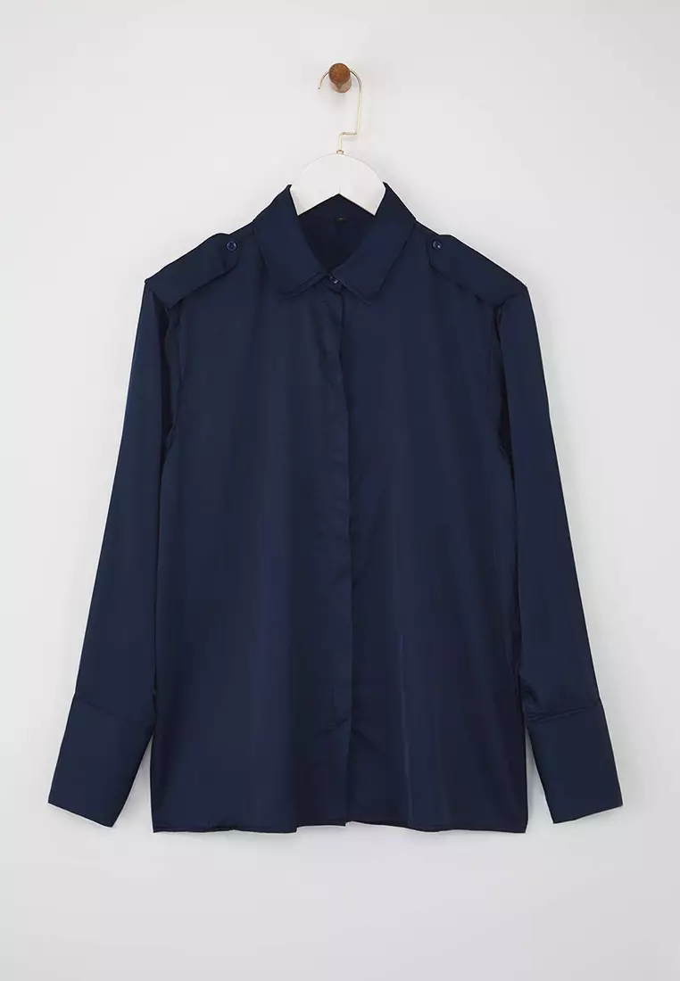 Navy Blue Epaulette Satin Shirt Twoaw26Go00039