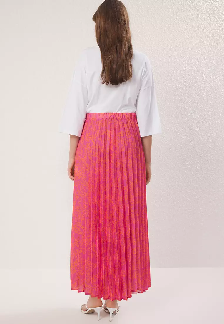 Pink Floral Pattern Pleated Waist Elastic Woven Skirt TCTSS23EE00018