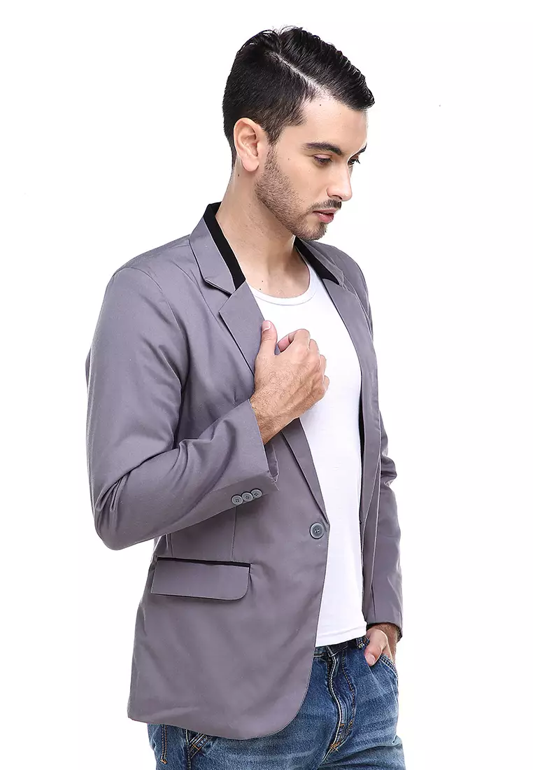 Woreq Jas Blazer Pria Three Pockets Collar Stripe Black Formal Casual Suit Material Drill ORIGINAL - Gray