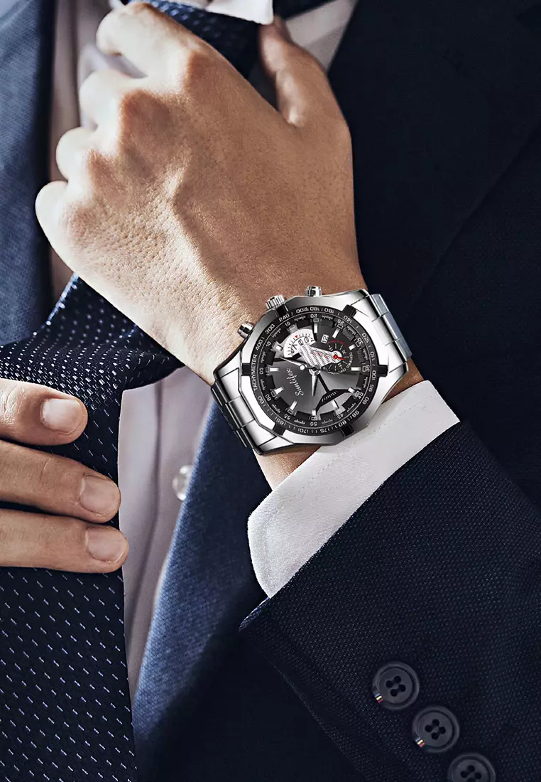 Jam Tangan Pria 9094 Original Kuarsa Kalender Tali Stainless Steel Jam Tangan Cowok(Kotak + Kartu Garansi) silver black