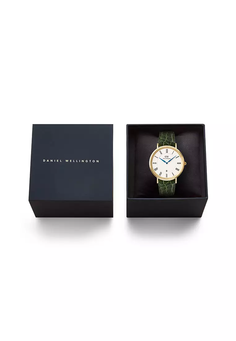 Classic 40mm Roman Numerals Date Dark Green Croc Belly Gold - Men Watch stainless steel Leather strap watch DW Official Authentic Original 男士手錶 不銹鋼 真皮 手錶 DW 官方 正品