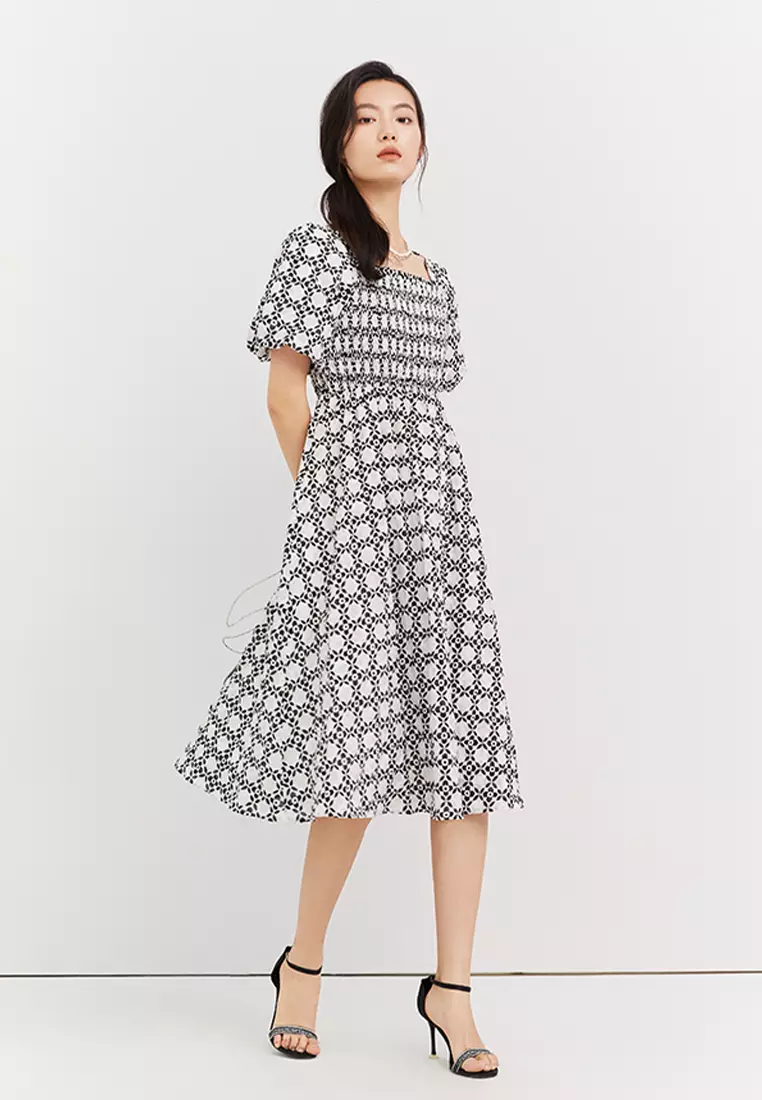 Puff Sleeve Square Neck Plaid Midi Dress