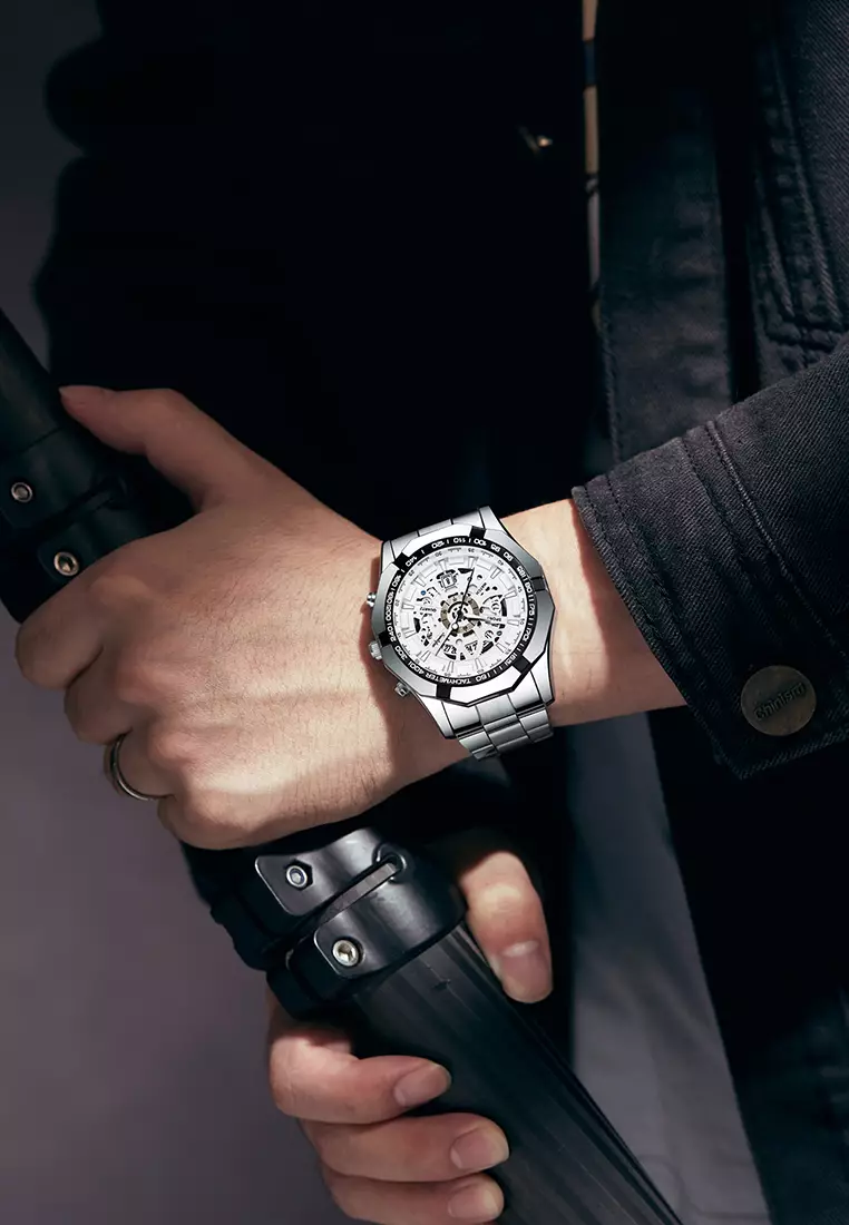 Jam Tangan Pria Original Calendar Luxury Bisnis Tali Stainless Steel Jam Tangan Cowok 9096 silver white