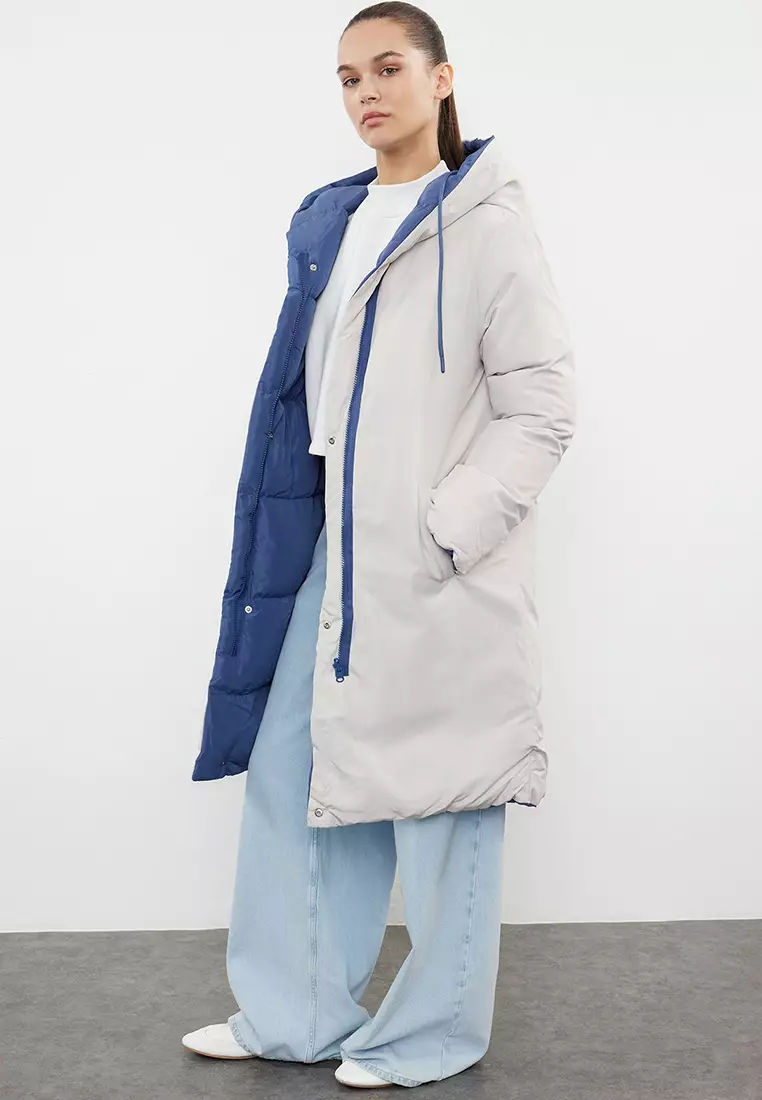 Grey-Blue Reversible Hooded Water Repellent Long Puffer Jacket TWOAW23MO00052