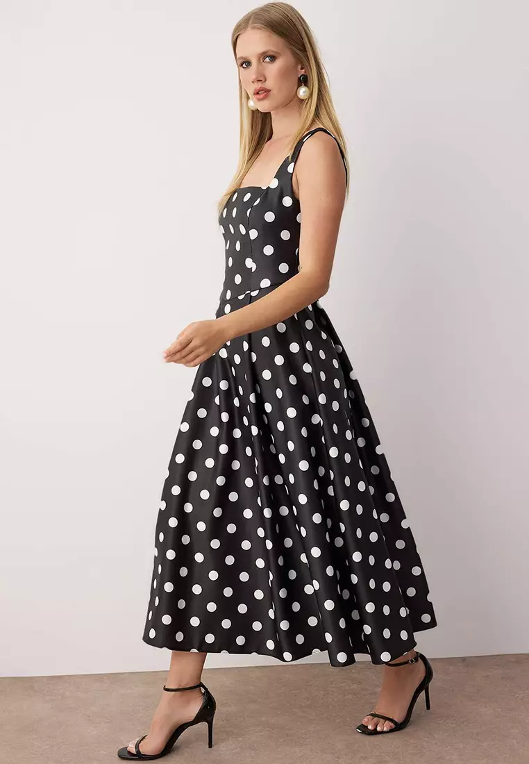 Black And White Polka Dot A Line Satin Stylish Evening Dress
