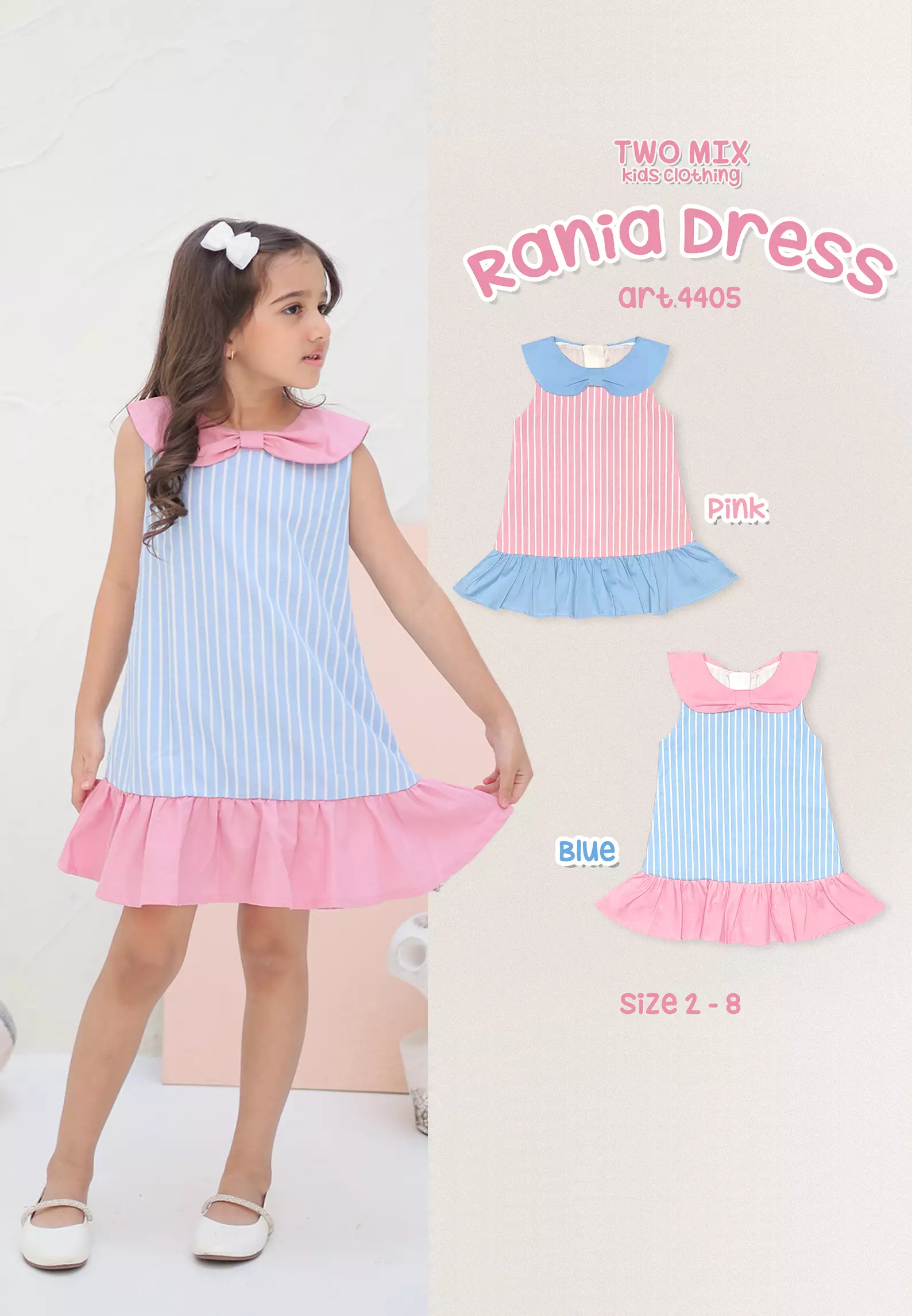 Two Mix - Outfit Baju Rania Dress Anak Perempuan Cantik Katun 1-8 Tahun 4405 Pink