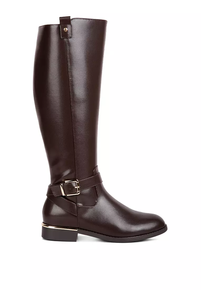 Discount on London Rag  shoes - SKU: Brown Buckle Strap Embellished Calf Boots