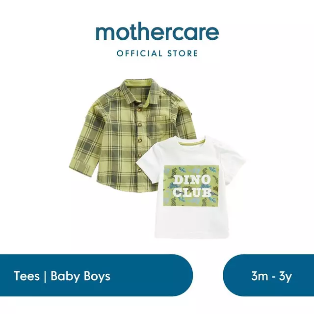 Mothercare Checked Shirt and Dino T-Shirt Set - Set Kaos & Kemeja Bayi Laki-laki (Hijau)