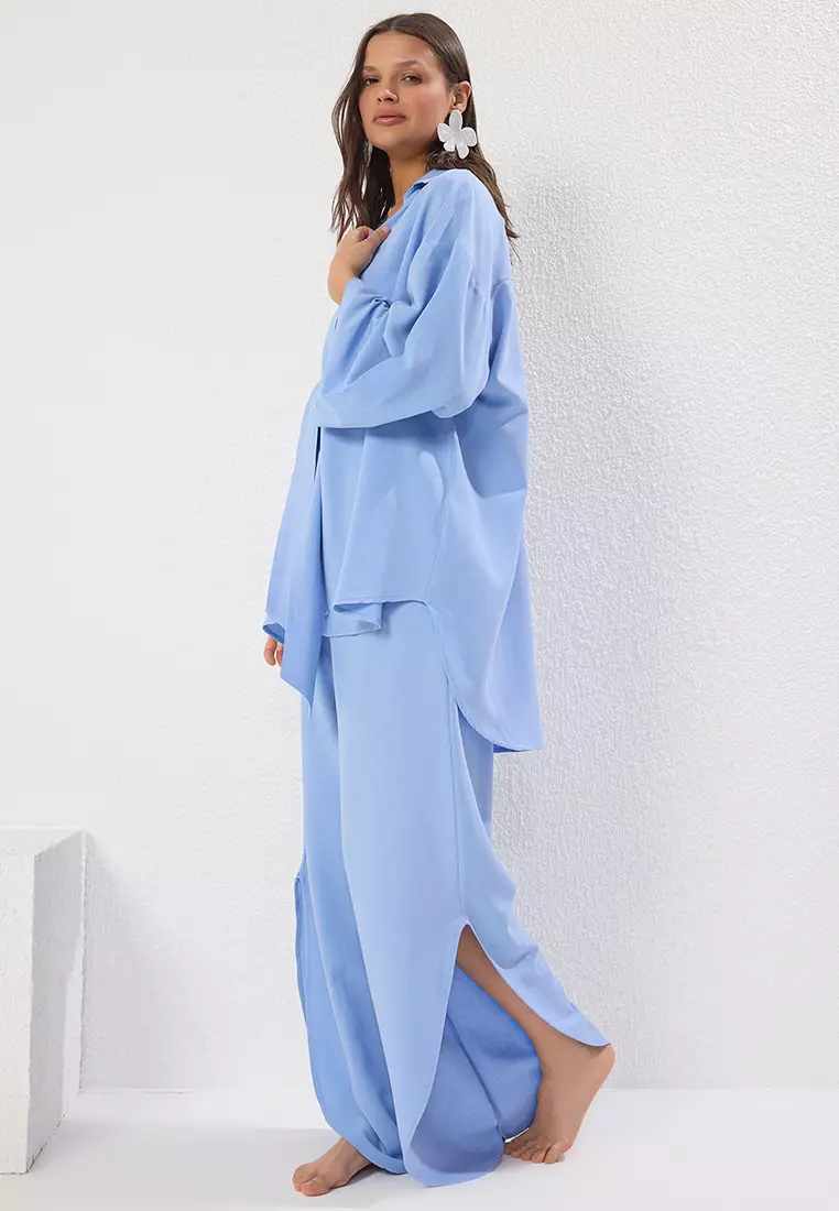 Blue Woven Tied Linen Blend Shirt Trousers Beach Suit TBESS24AU00031