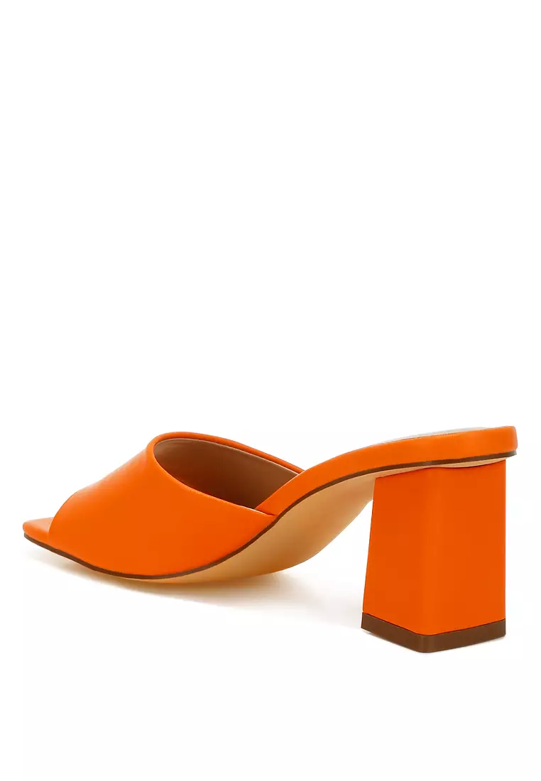 Faux Leather Block Heel Sandals in Orange