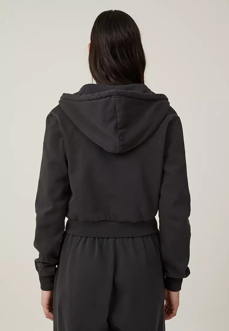 Washed Cropped Zip Through Hoodie