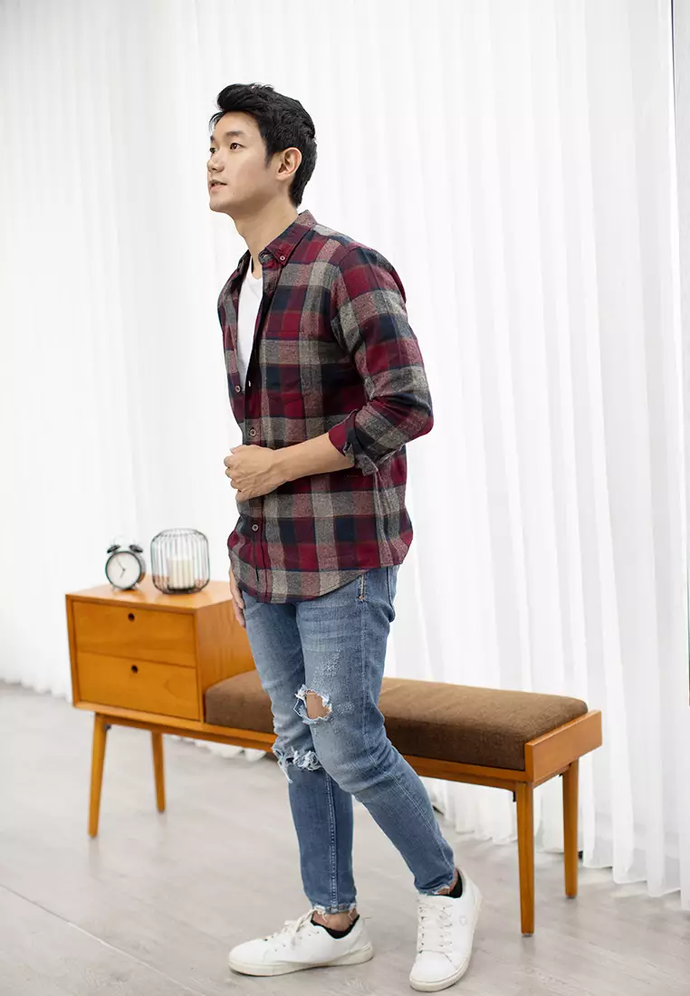 Kemeja Flannel tangan panjang cotton oxcon Maroon Navy