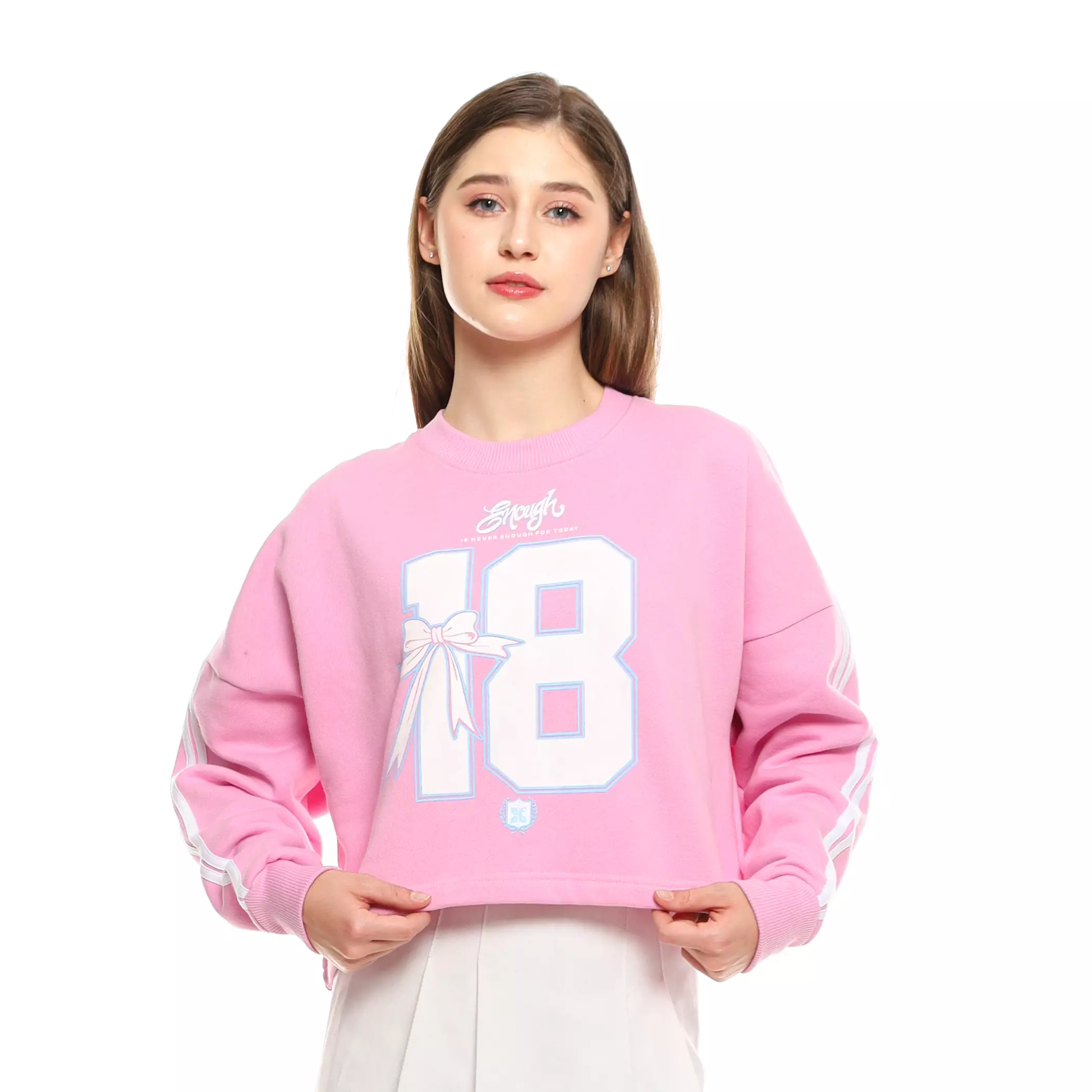 Enough For Today - Sweater Crop Oversize Crewneck Wanita Coquette 18 Pink Variasi Garis