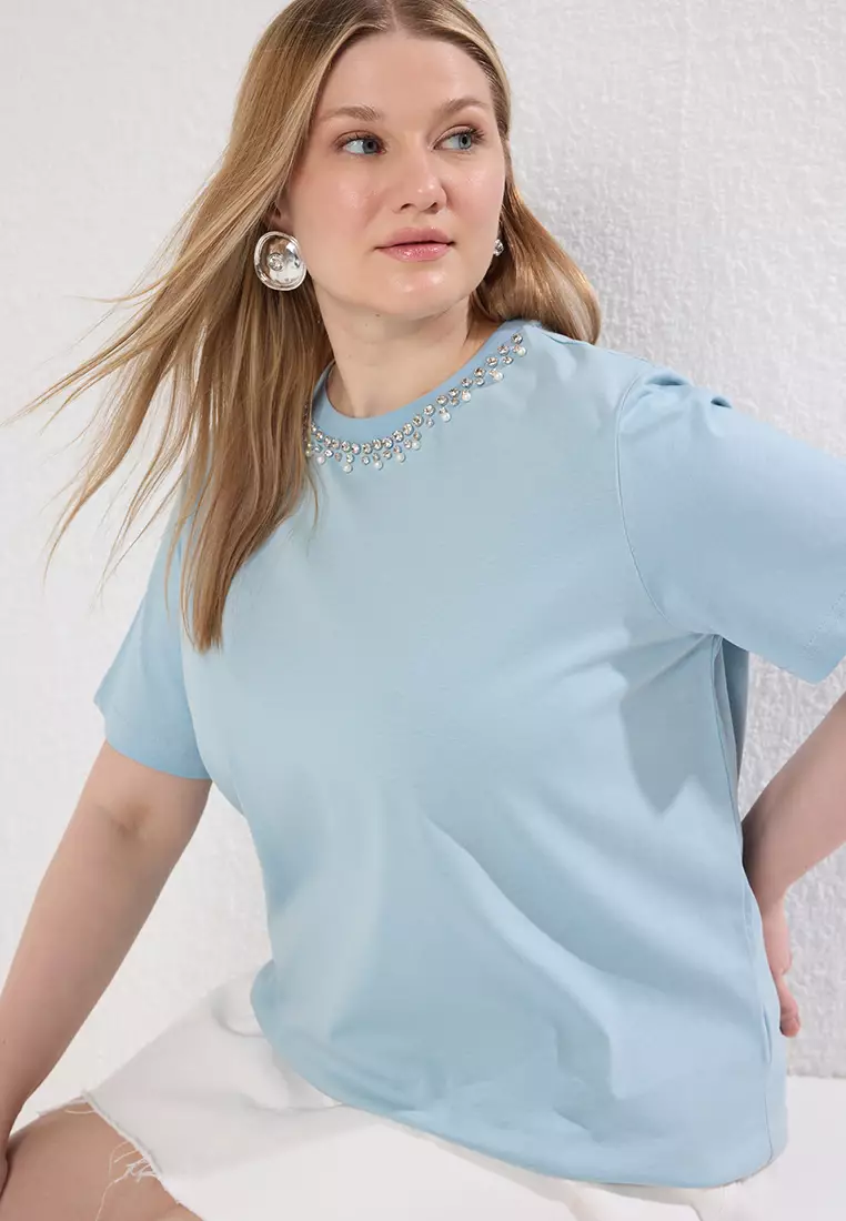 Blue Collar Stoned Boyfriend Fit 100% Cotton Knitted Plus Size T-Shirt Tbbss25Bf00021