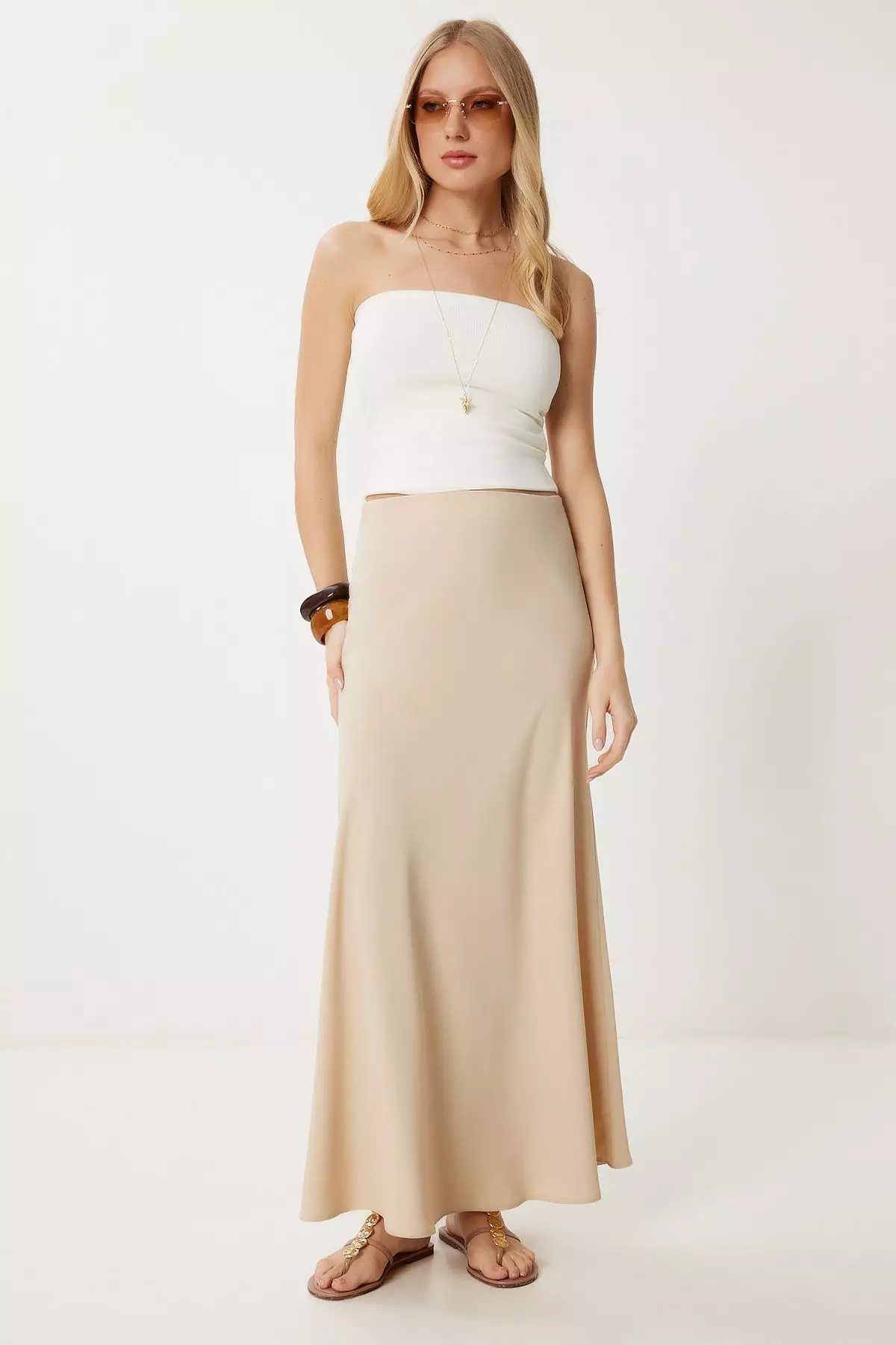 Women's Beige A-Line Draped Long Woven Skirt Gk00019