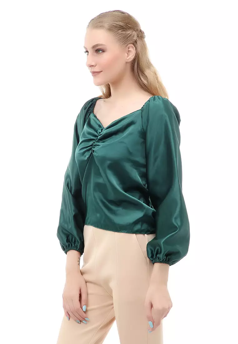 Cheva Blouse Casual Wanita Sabrina Kerut Dada Lengan Panjang Material Satin ORIGINAL - Green Bottle