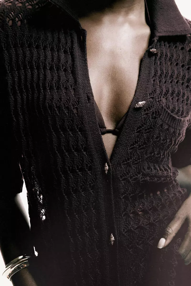 Crochet-look cotton cardigan