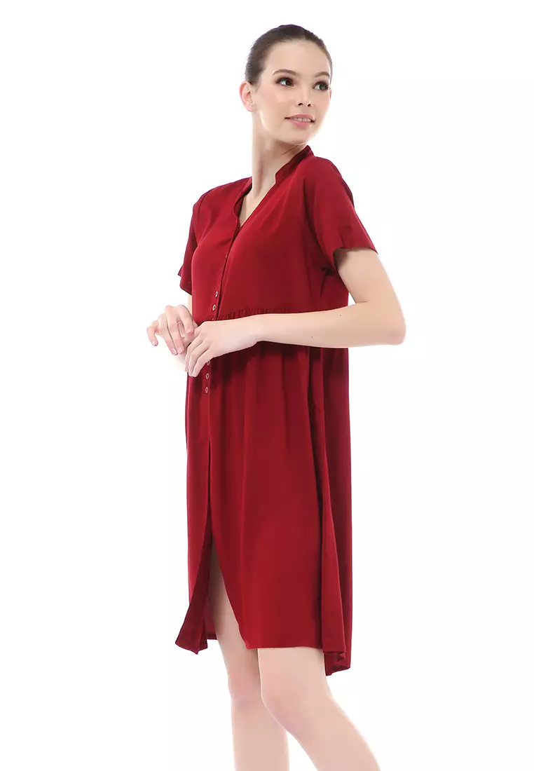 Rachel Dress Wanita Lengan Pendek Full Kancing Stylish Material Cotton ORIGINAL - Maroon