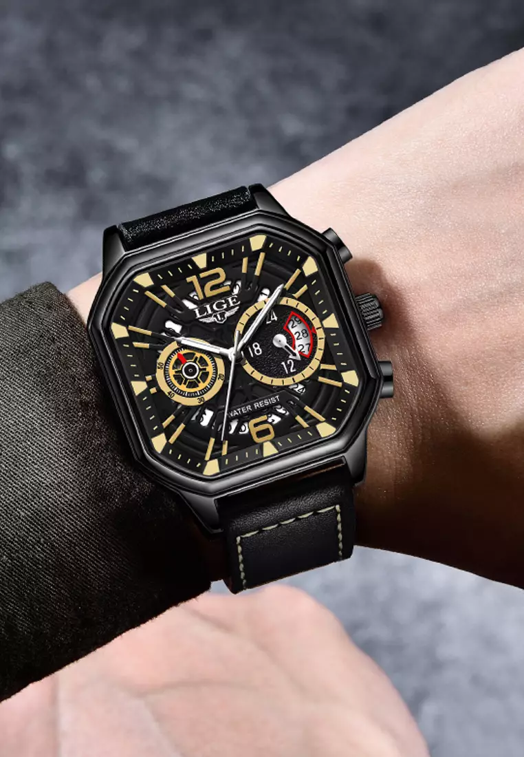 Chronograph Unisex Stainless Steel Square Quartz Watch 43X43mm, black dial, Leather Strap