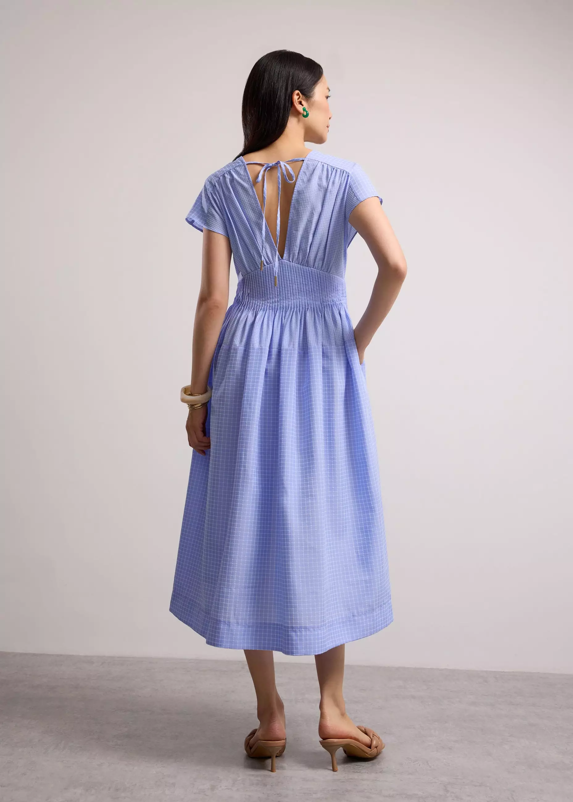 Dress Wanita - Gingham Seersucker V-neck Cap Sleeve Fit & Flare Midaxi Dress