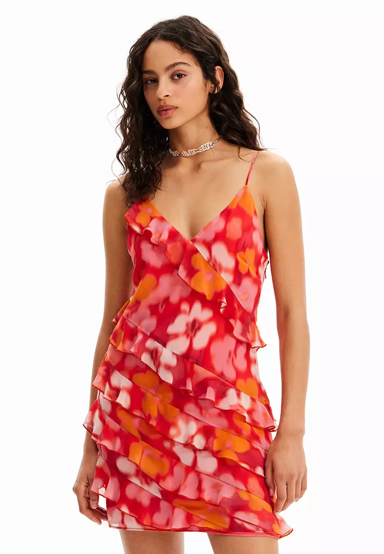 Red short ruffle dress store