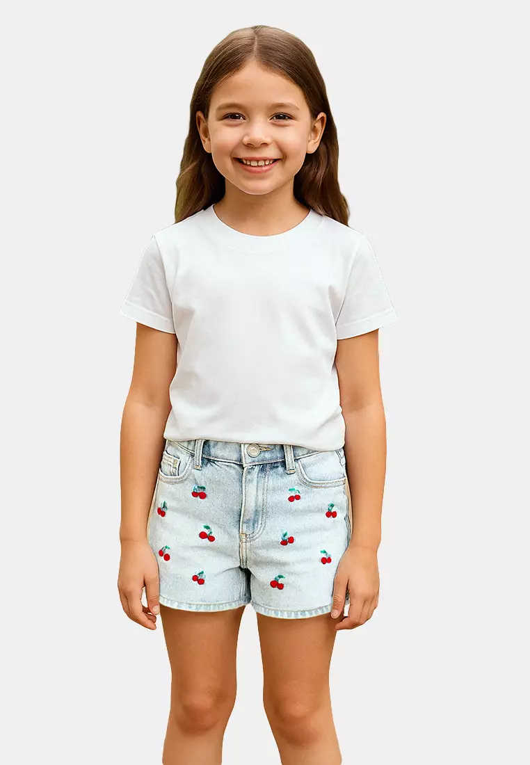 Blue Female Child 100% Cotton Cherry Embroidery Elastic Denim Shorts & Bermuda Tkdss25Sr00036