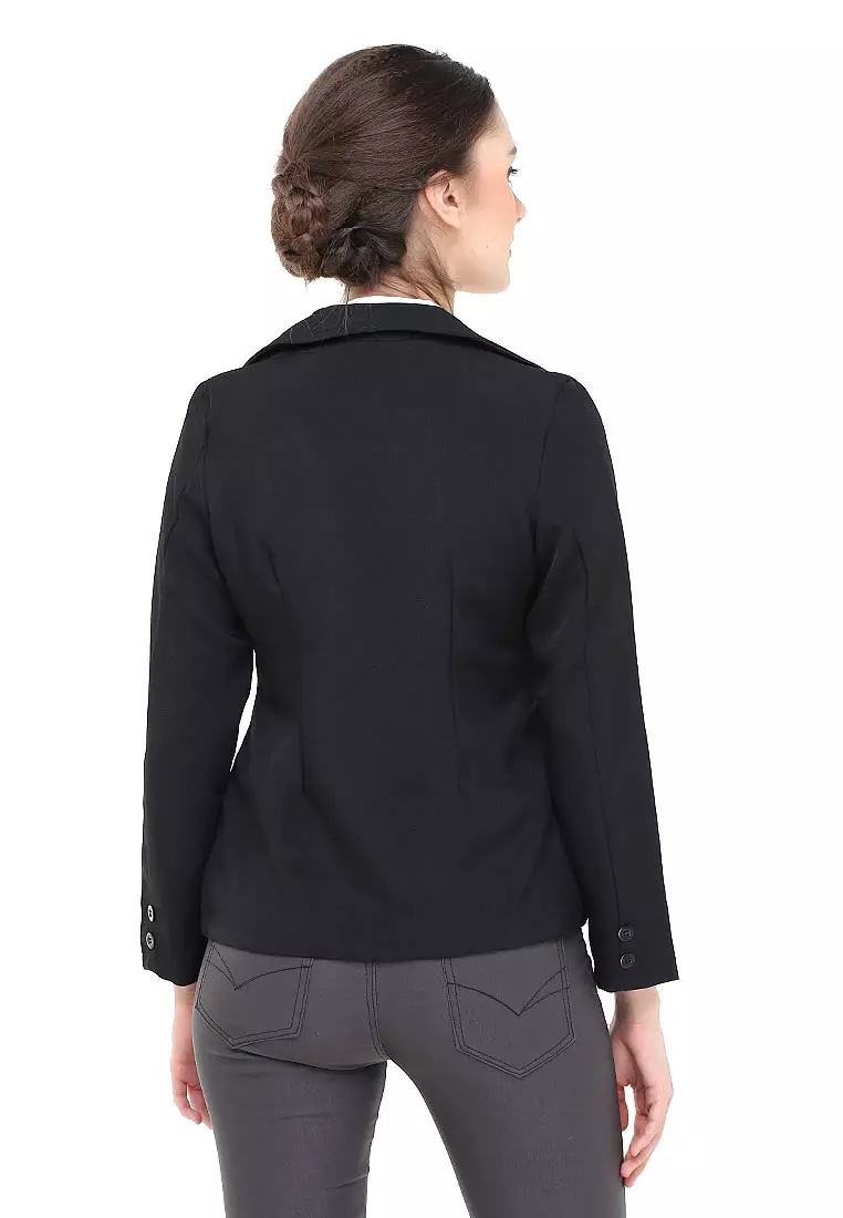 Qemsya Jas Blazer Wanita One Button Formal Longsleeve Suit Material Scuba ORIGINAL - Black